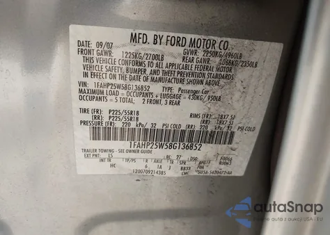 2008 Ford Taurus Limited z USA, uszkodzony, nr VIN 1FAHP25W58G136852